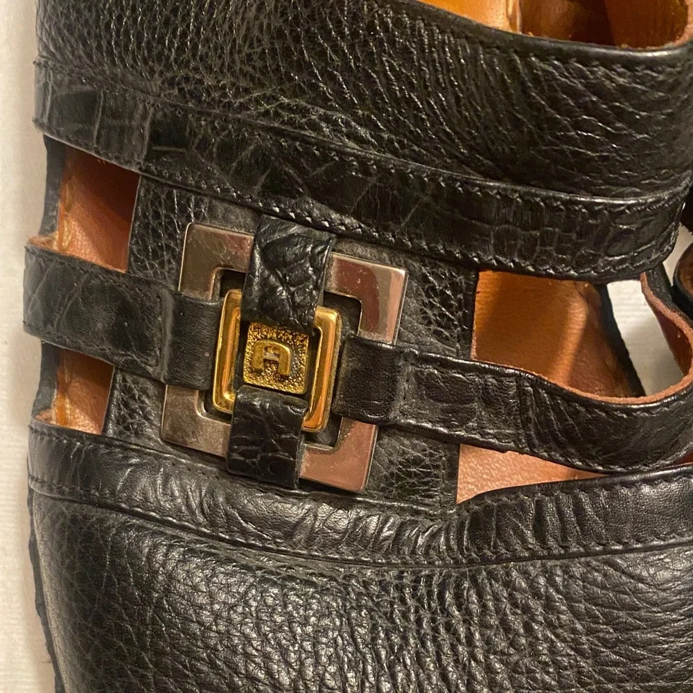 AJYAD  Black Leather Men's Slide Sandals with Tan Footbed and Gold Accents
